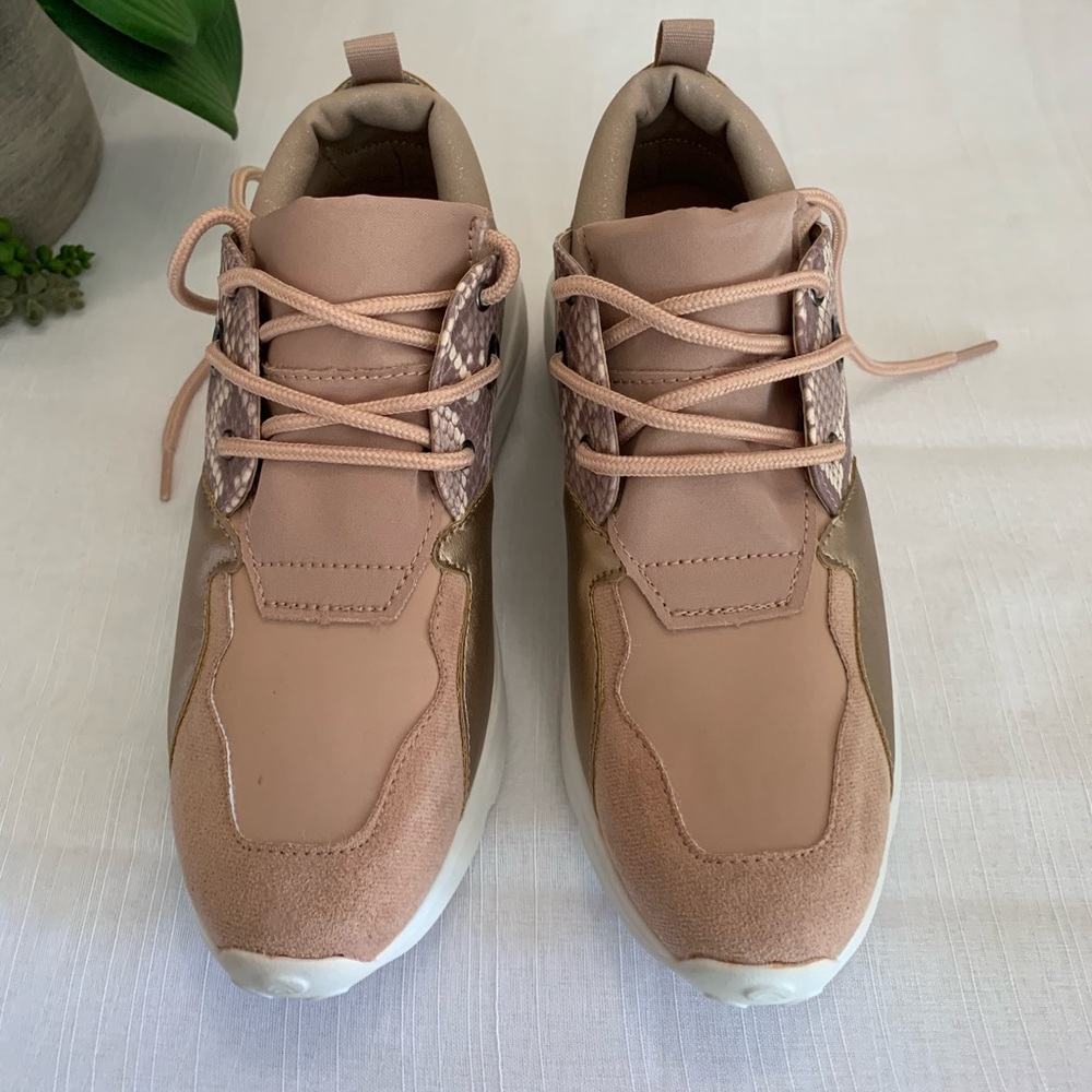 R2 Carrie rose gold platformed/wedged lace up sneakers